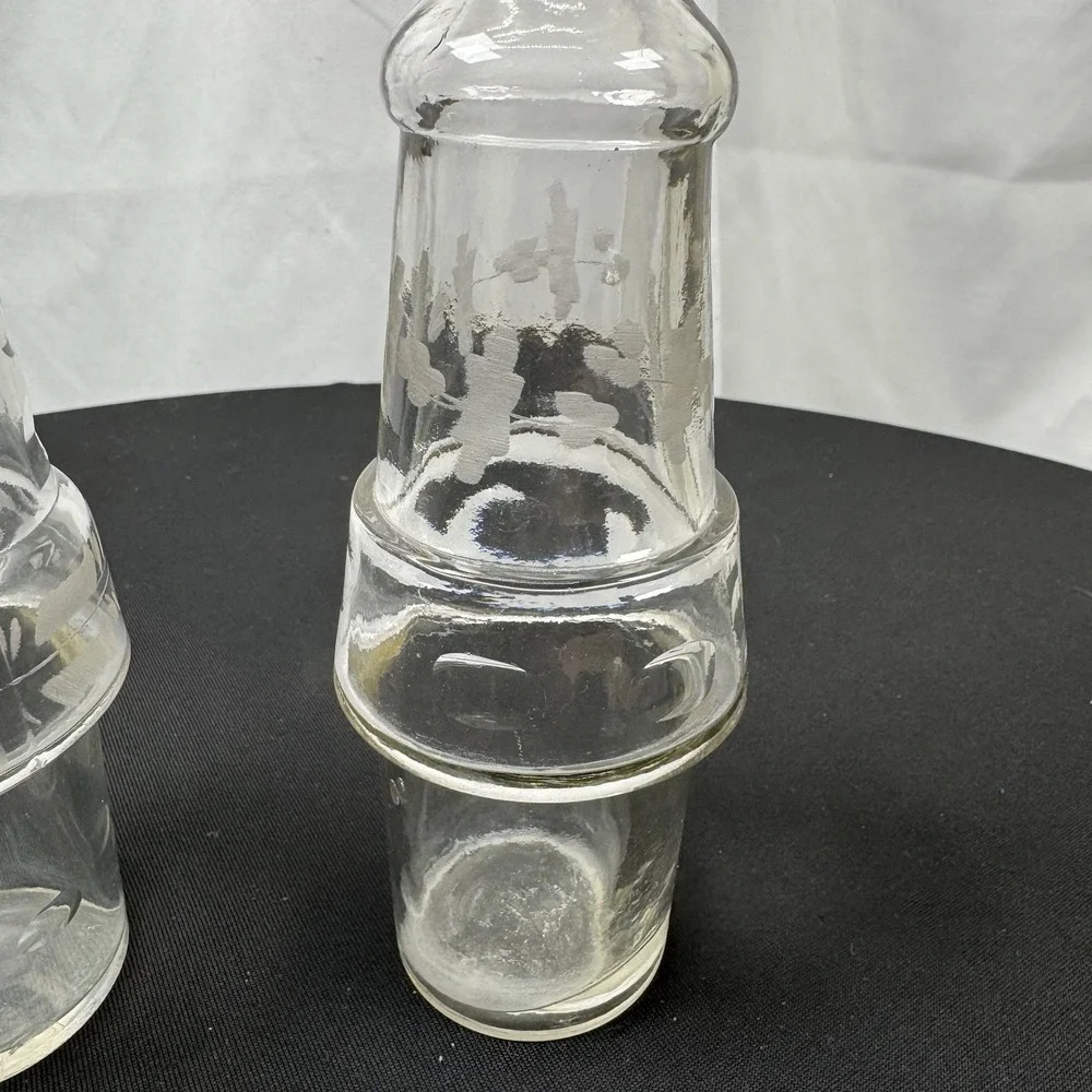 2 Vintage Condiment Cruet Castor Set  Etched‎ Glass